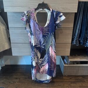 Navy Tropical Leaf Print Midi Dress